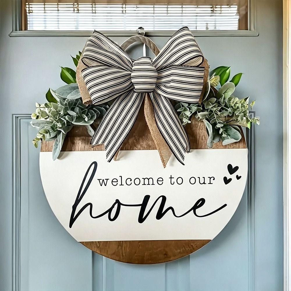 Durable 2D Flat Wooden Door Sign Solid Wood Bow Pattern Door Wreath Floral Pattern Hanging Plaque Holiday Decorating