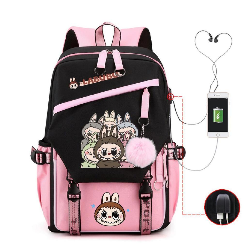 Labubu printed student schoolbag multi-function large capacity backpack with USB port