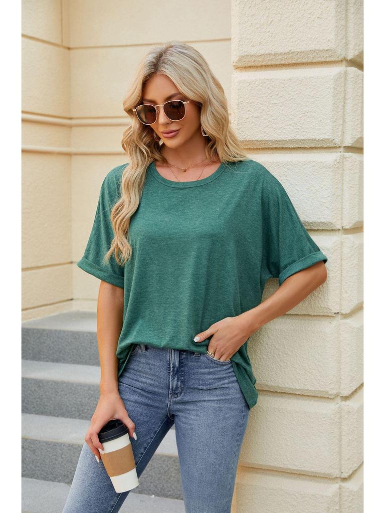 2024 European and American Plus Size Solid Color Loose Short Sleeve Round Neck Women's T-Shirt