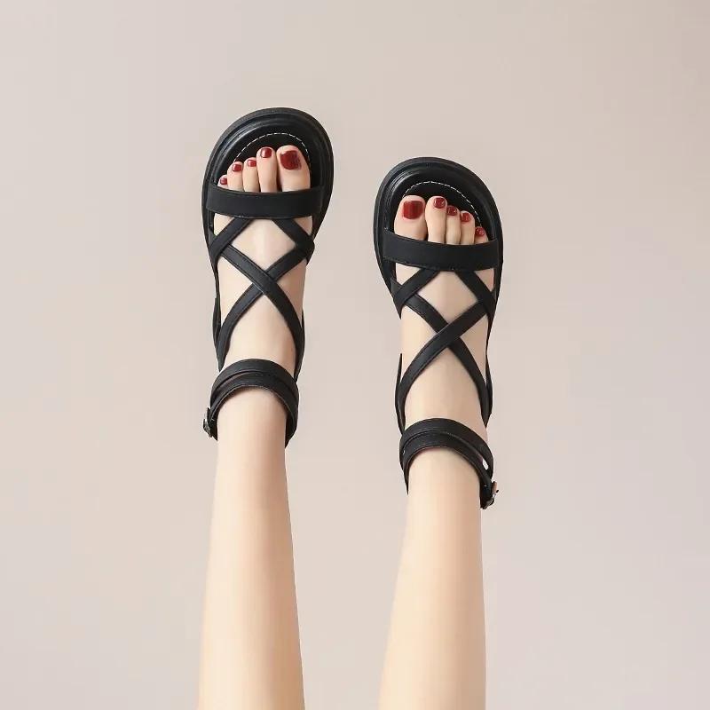 2025 Sandals Black Shoes for Women Summer Heels All-Match New Beige Comfort Beach Low Fashion Girls Flat Gladiator Clear Lace