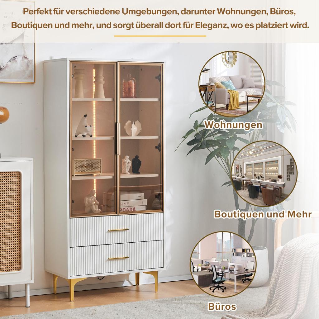 Glass Display Cabinet LED Lights, White 2 Doors & 2 Drawer, Modern Bookcase Adjustable Shelves, Metal Legs, Living Room Office Dining Room