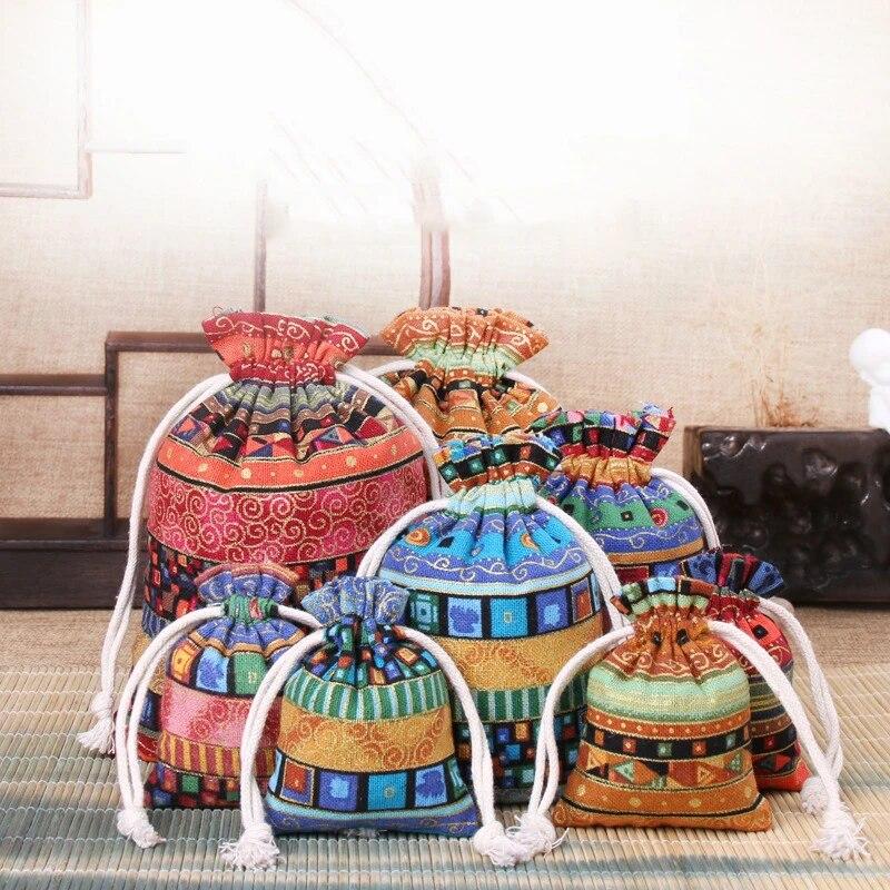 11pcs Ethnic Style Jewelry Bags Drawstring Pouch Candy Snack Gift Bag Retro Bracelet Jewelry Packaging Storage Bags