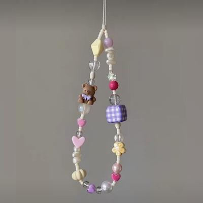 Y2K Bear Beaded Phone Lanyard Kawaii Sweet Girls Mobile Phone Chain Wrist Strap Cute Cell Phone Charm Accessories