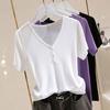 Women Ice Silk Short Sleeve Knitted V Neck T Shirt Versatile Pullover Simple Top