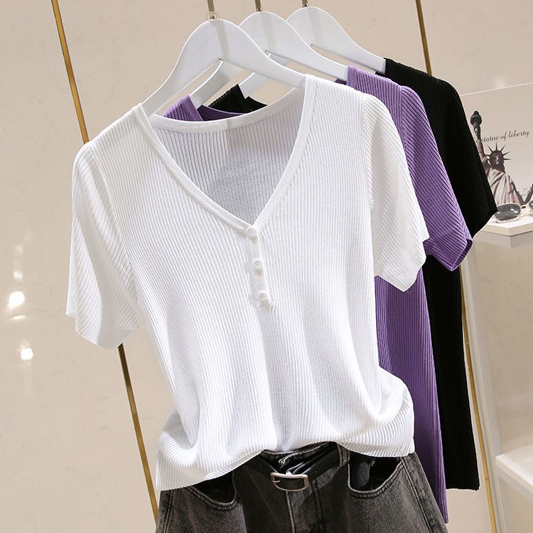 Women Ice Silk Short Sleeve Knitted V Neck T Shirt Versatile Pullover Simple Top