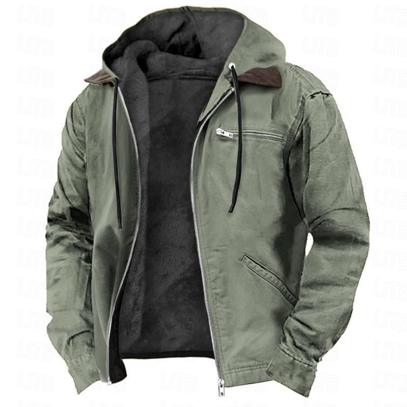Men Autumn Winter Solid Color Hooded Clothes Casual Velvet Zipper Pocket Hoodie Coat