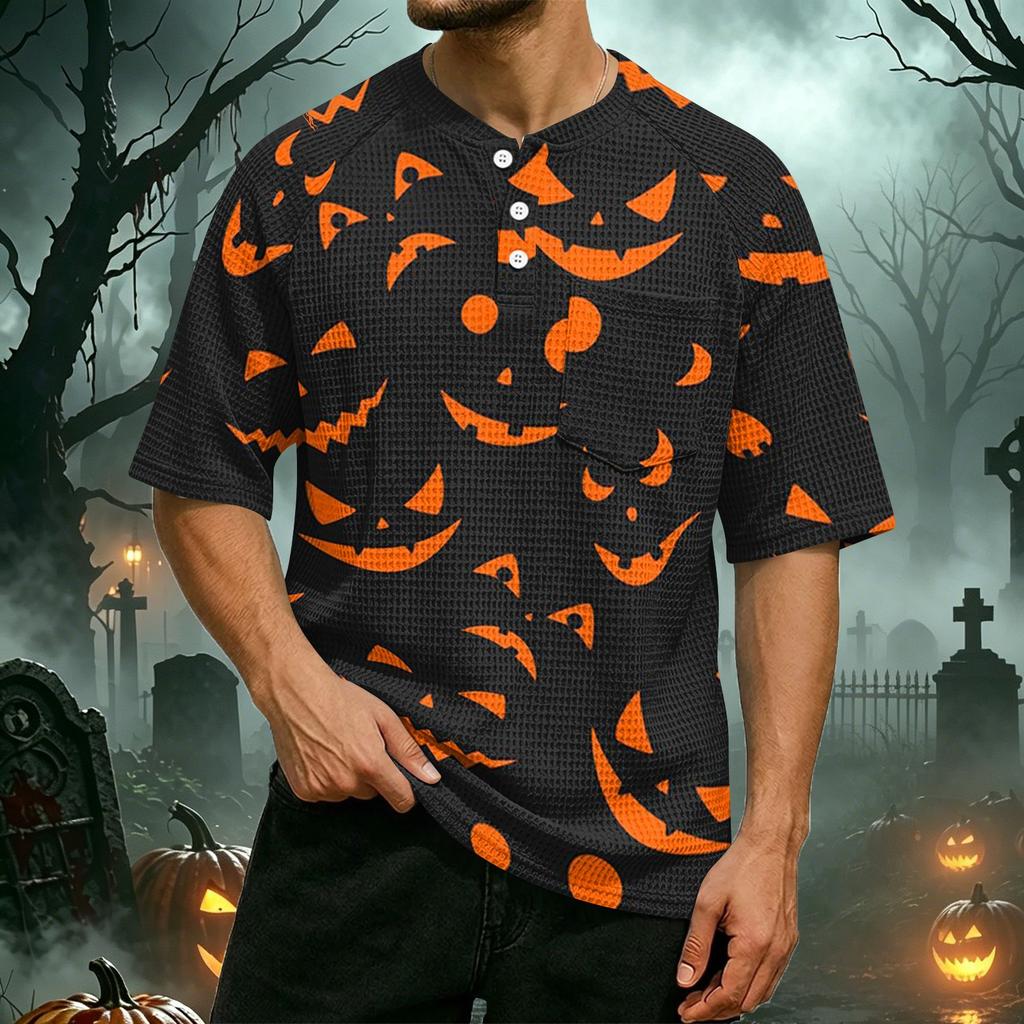 Men's Casual Waffle Knit Raglan Sleeve Short Sleeve Shirt Halloween Pumpkin Print Lightweight Breathable Top for Everyday Wear