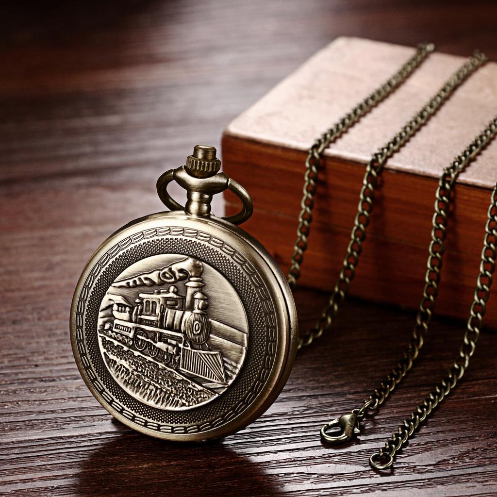 Pocket Watch Steam Locomotive Antique Analog Display Waterproof Pendant Necklace Chain - Birthday Anniversary Christmas Valentine's Day Gift