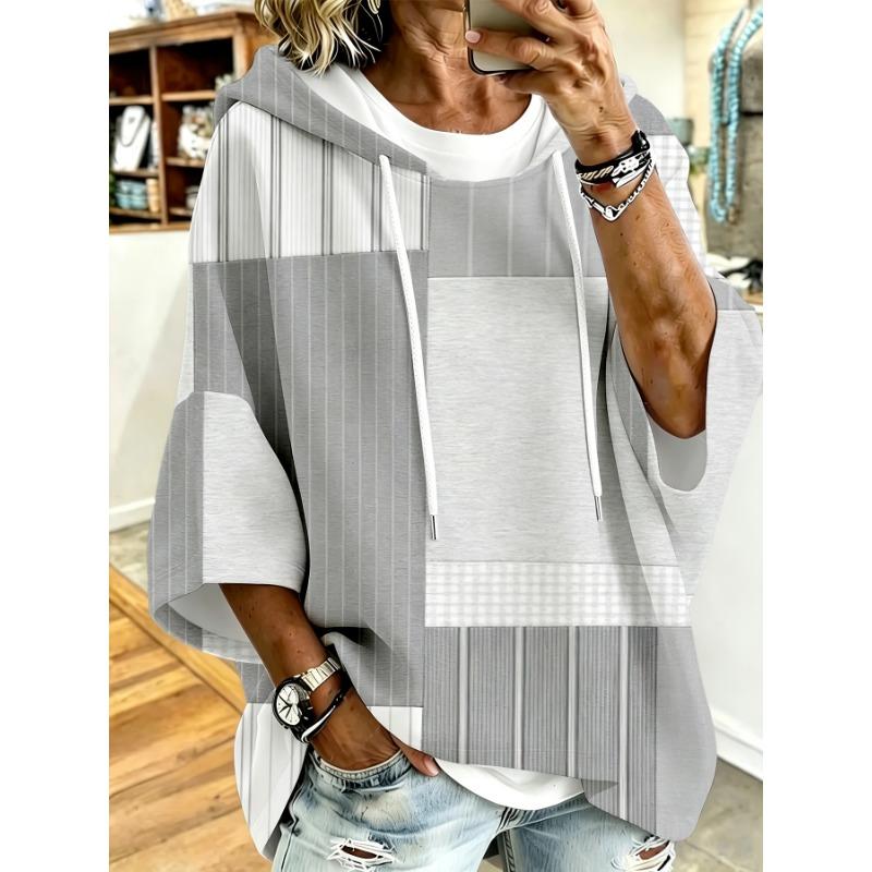 Plus Size Women'S Hooded Top, Multi-Color Plaid Striped Patchwork Loose Off-Shoulder Sleeve Hoodie