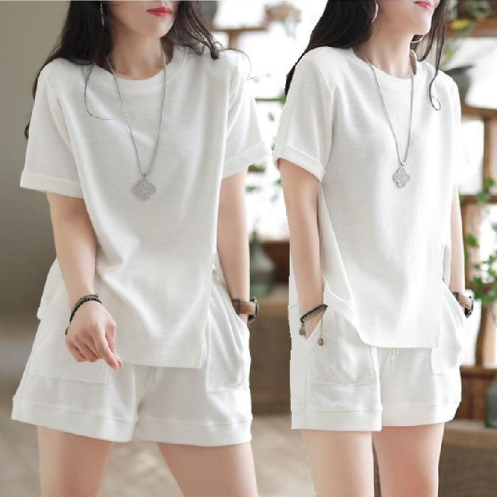 Women's 2 Piece Outfit Short Sleeve T Shirt And Shorts Set Loose Fit Solid Color Casual Summer Tracksuit