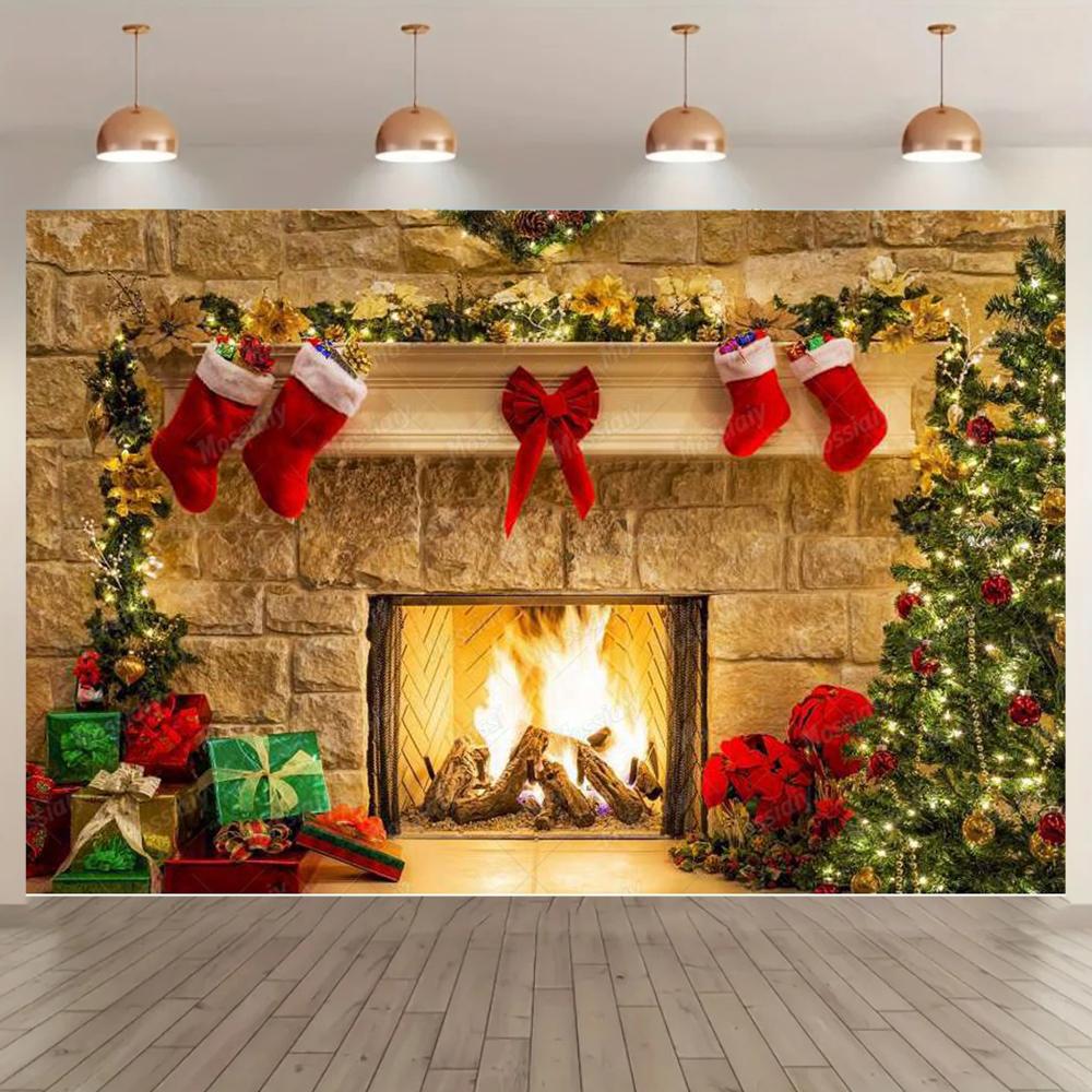 Christmas Winter Photography Background Christmas Tree Gift Bonfire Fireplace Snow Newborn Adult Party Decoration Studio Props288