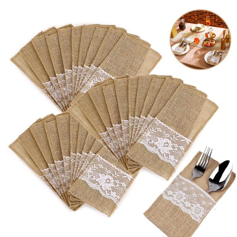 10/20/30pcs Burlap Lace Utensil Cutlery Pouch Silverware Holder Knifes Forks Bags Burlap Napkin Bag for Rustic Wedding Party Dec