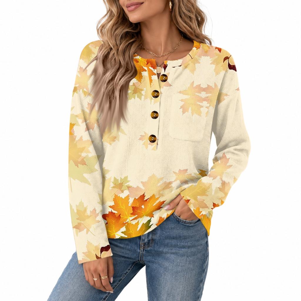 Women's Fashion Vintage Print Knit Long Sleeve Top with Button-Down Collar
