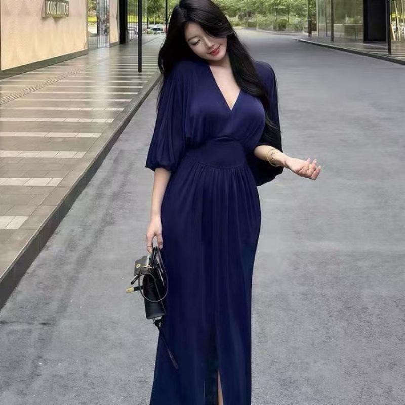 Spicy Girl V-Neck Slit Dress – Women s Autumn Slimming High-End Long Dress S