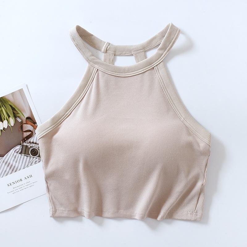 Dámský top bez rukávů, slim fit, halterový střih, krátký top s vycpávkami na hrudníku – bez kostic, krátké tílko.