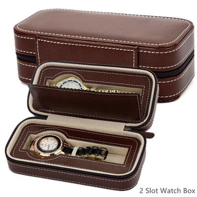 2 Slots Zipper Travel Watch Storage Box Leather Display Case Organizer for Watches