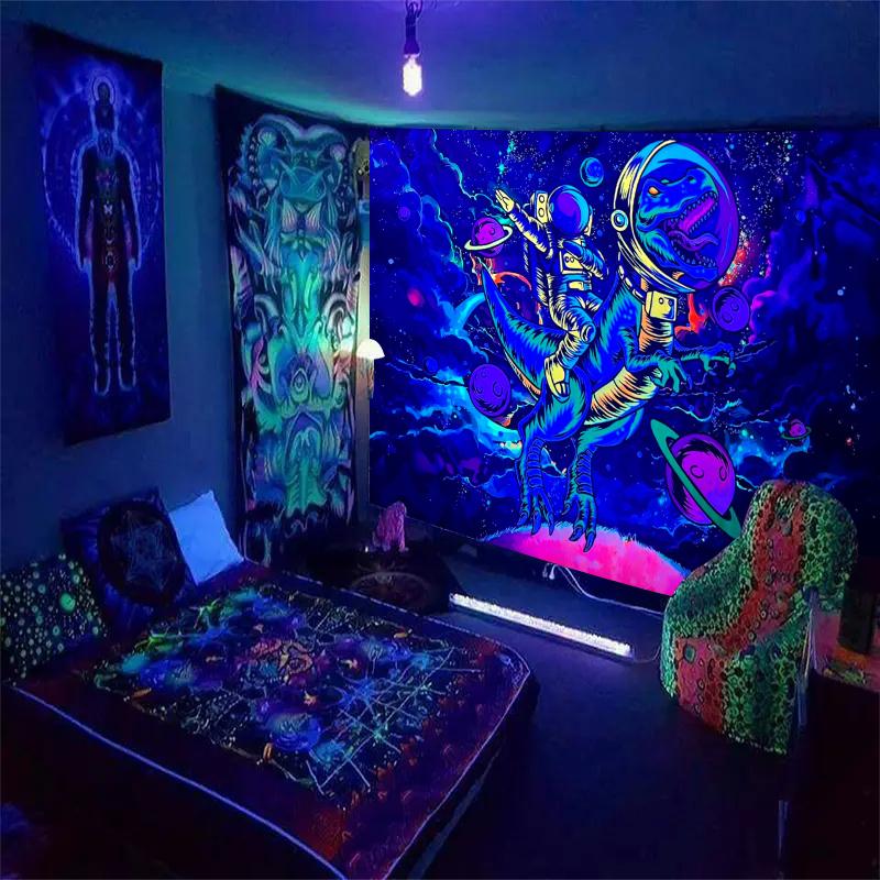 1pc Astronaut Space Fluorescent Tapestry, UV Black Light Space Alien Tapestry, Cool Galaxy Space Starry Sky Hanging