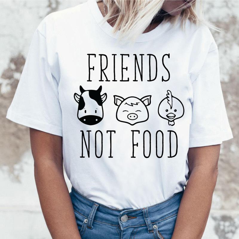 Friends Not Food Bedruckte Baumwolle Lockere Rundhals Kurzarm T-Shirts Damen
