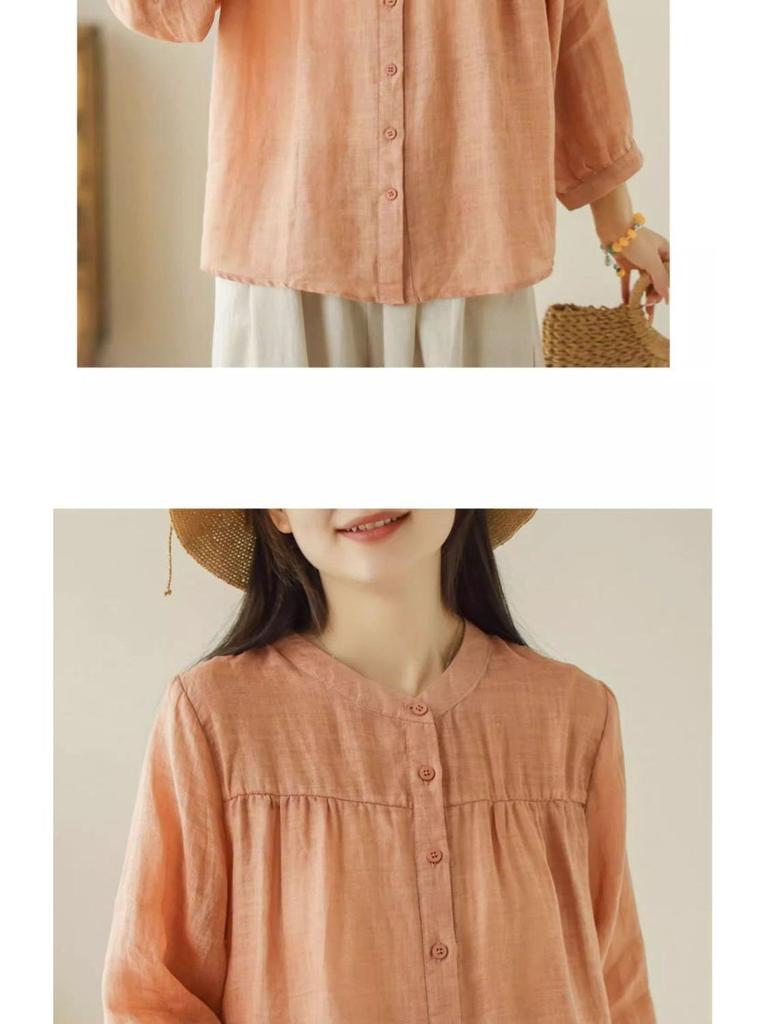 Spring/Summer Retro Slimming Cotton Linen Cardigan - Women's Seven-Sleeve Shirt