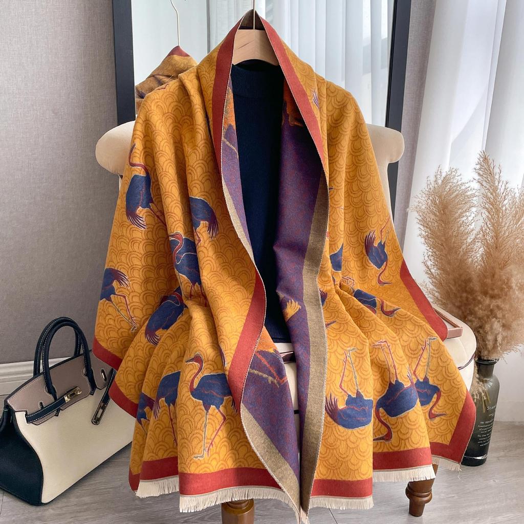 Crane Picture Imitation Cashmere Thickened Scarf Scarf Women'S Extended Printed Fashionable Simple Shawl