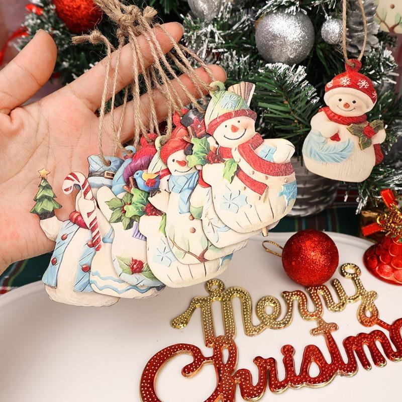 36pcs Wooden Cartoon Snowman Pendents Christmas Ornament 8cm Statue With Lanyard Festive Xmas Tree Home Decoration Set Boxwood