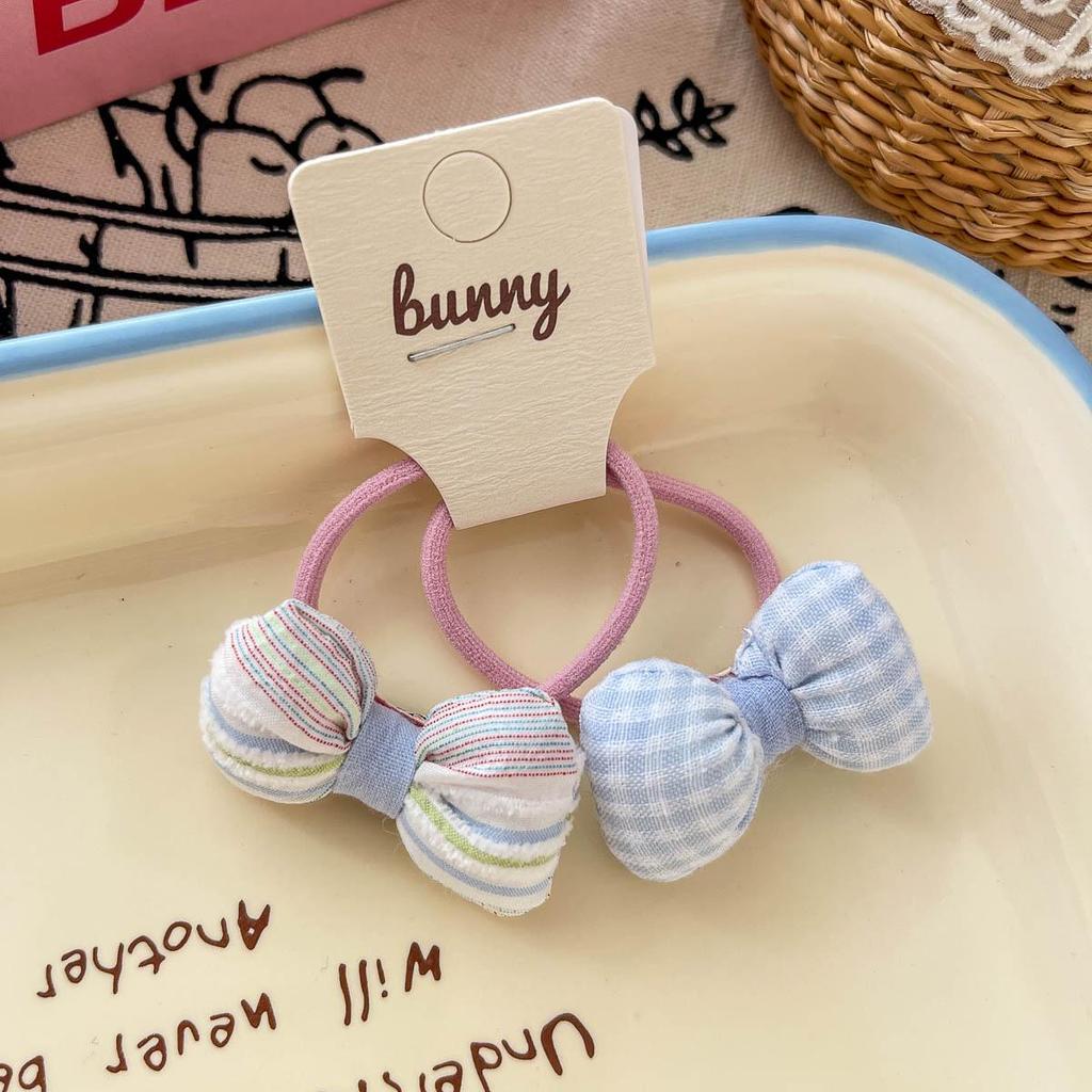 Blue Heart Plaid Bow Hair Clip & Rubber Band Set for Kids