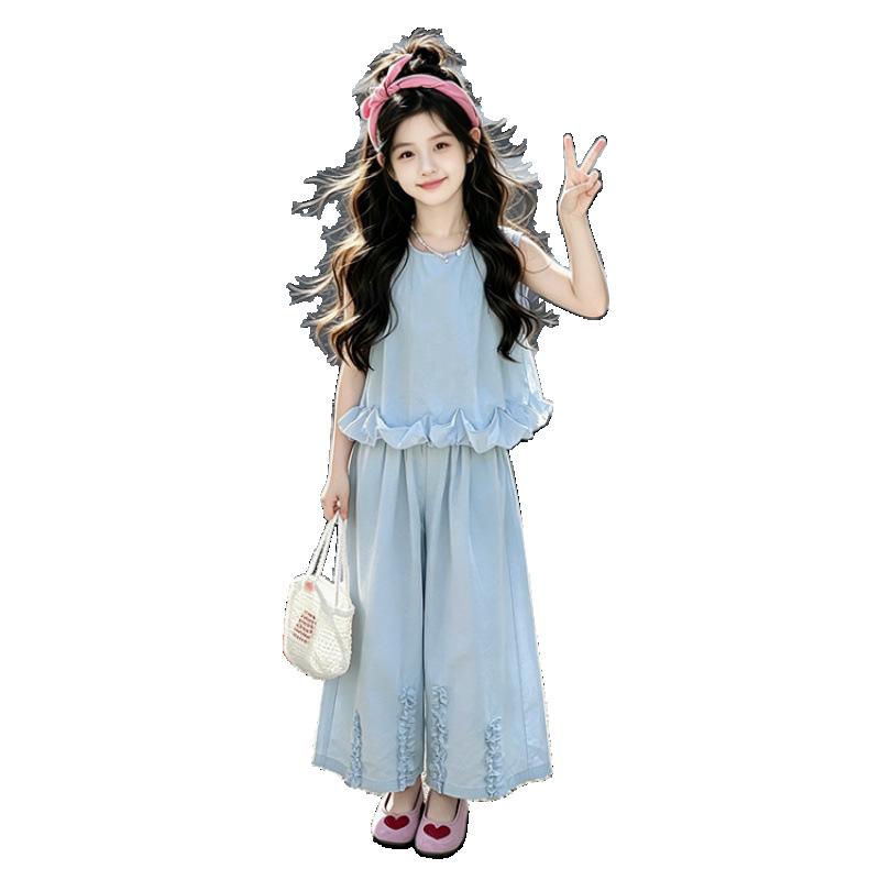 2026 Girls' Lace Vest & Wide-Leg Pants Two-Piece Summer Set - Korean Style
