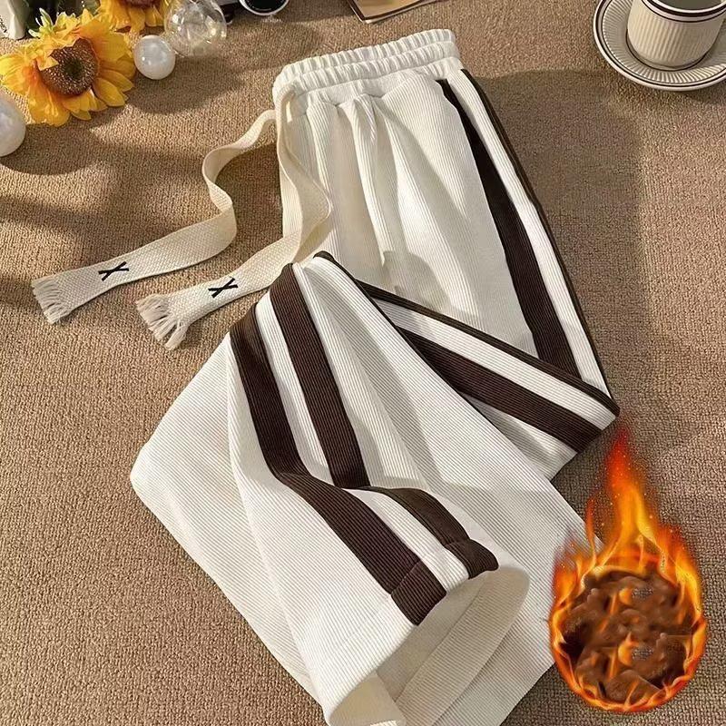 Dámské podzimní zimní volné ležérní kalhoty s vysokým pasem a širokými nohavicemi, podšité fleecem, rovného střihu, dlouhé