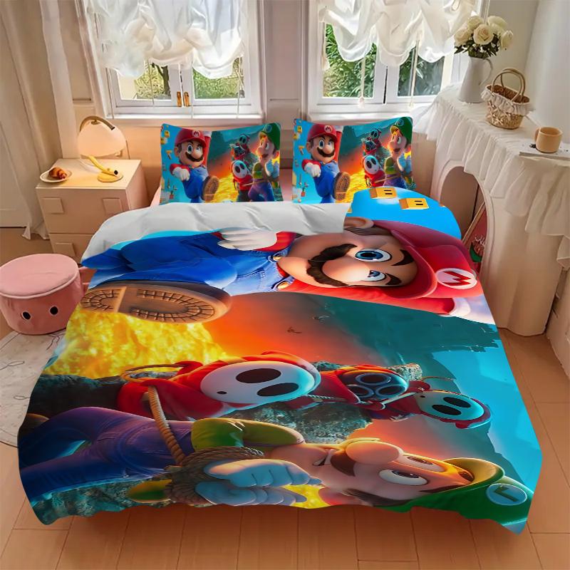 Mario Friends Adventure Printed 3pcs Bedding Set Soft Microfiber 1 Duvet Cover And 2 Pillowcases Home Bedroom Decor Xmas Gift K1856