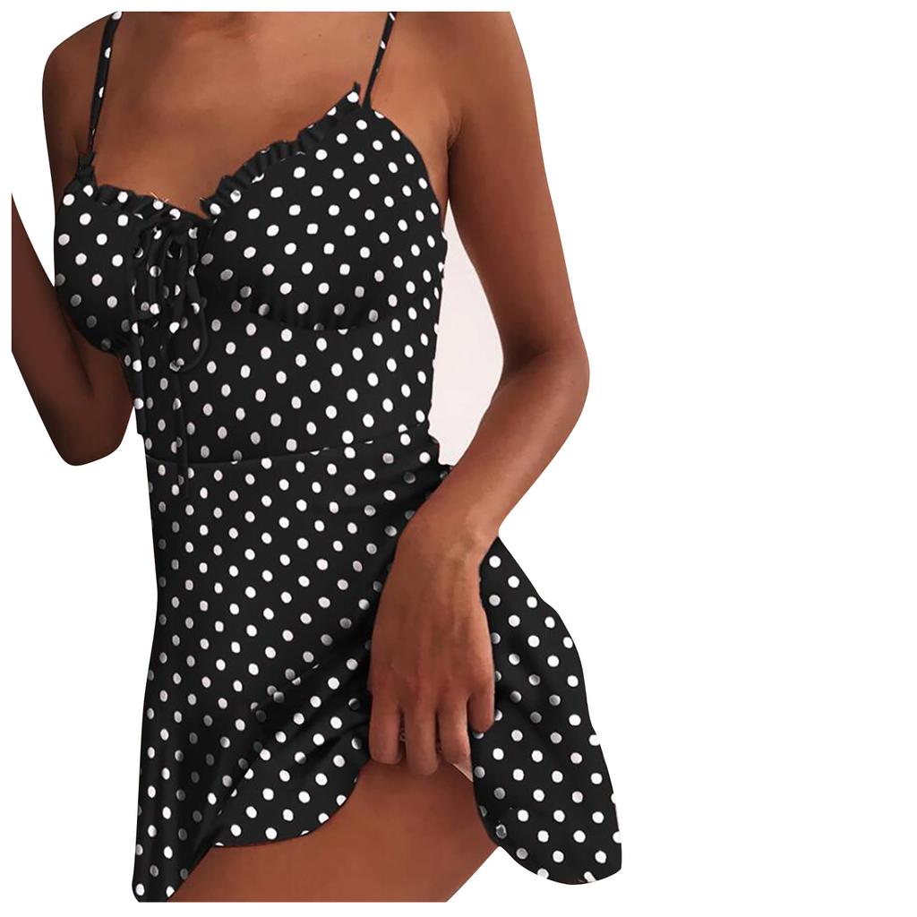 Women's Summer Fasion Polka Dot Printed Chest Lace Sexy Slim Sling Dress