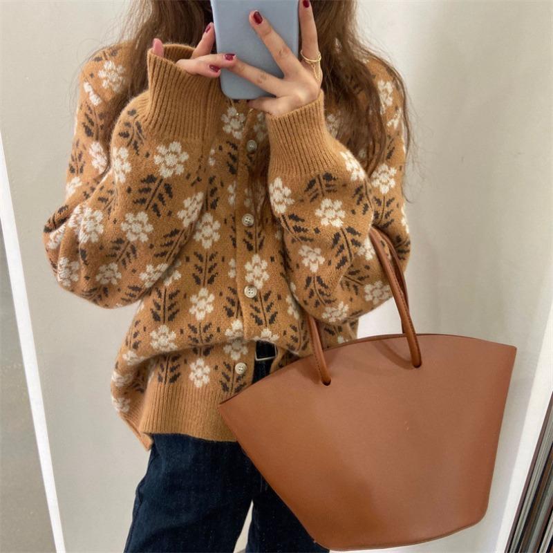 Vintage Jacquard Knitted Cardigan Women's Thick Warm Coat Long Sleeved Single Breasted Knitwear Casual Loose  Gentle Sweet Commuting Top Autumn Winter