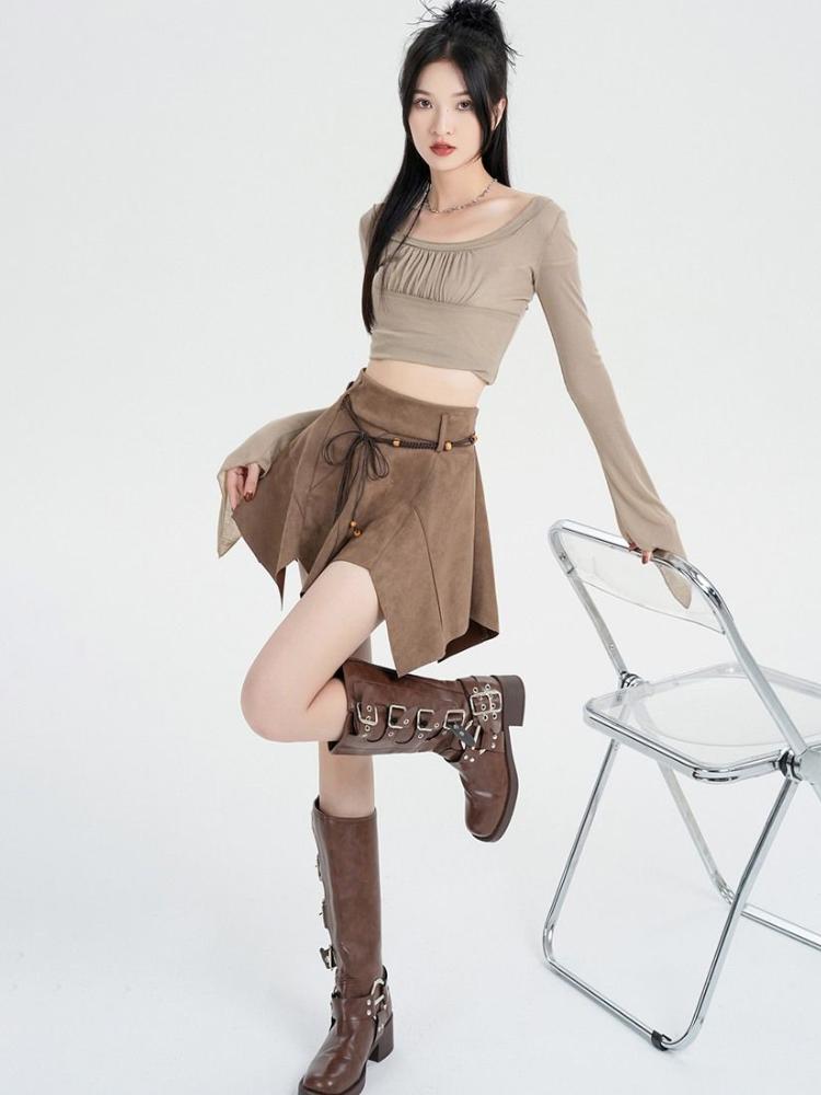 Khaki Vintage Pleated Skirt Women High Waist Harajuku Korean Asymmetrical Casual 90s Y2k Streetwear Mini Skirt