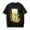 Cute Bear Holding Bouquet Print T-shirt Soft Breathable Casual Crewneck Top For Daily Wear Pure Cotton T-shirt