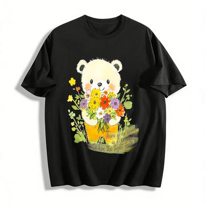Cute Bear Holding Bouquet Print T-shirt Soft Breathable Casual Crewneck Top For Daily Wear Pure Cotton T-shirt