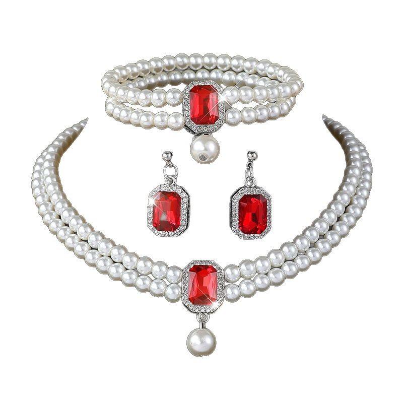 Vintage court elegant multi-layer imitation pearl necklace, stud earrings, bracelet set, neck chain, collarbone chain.