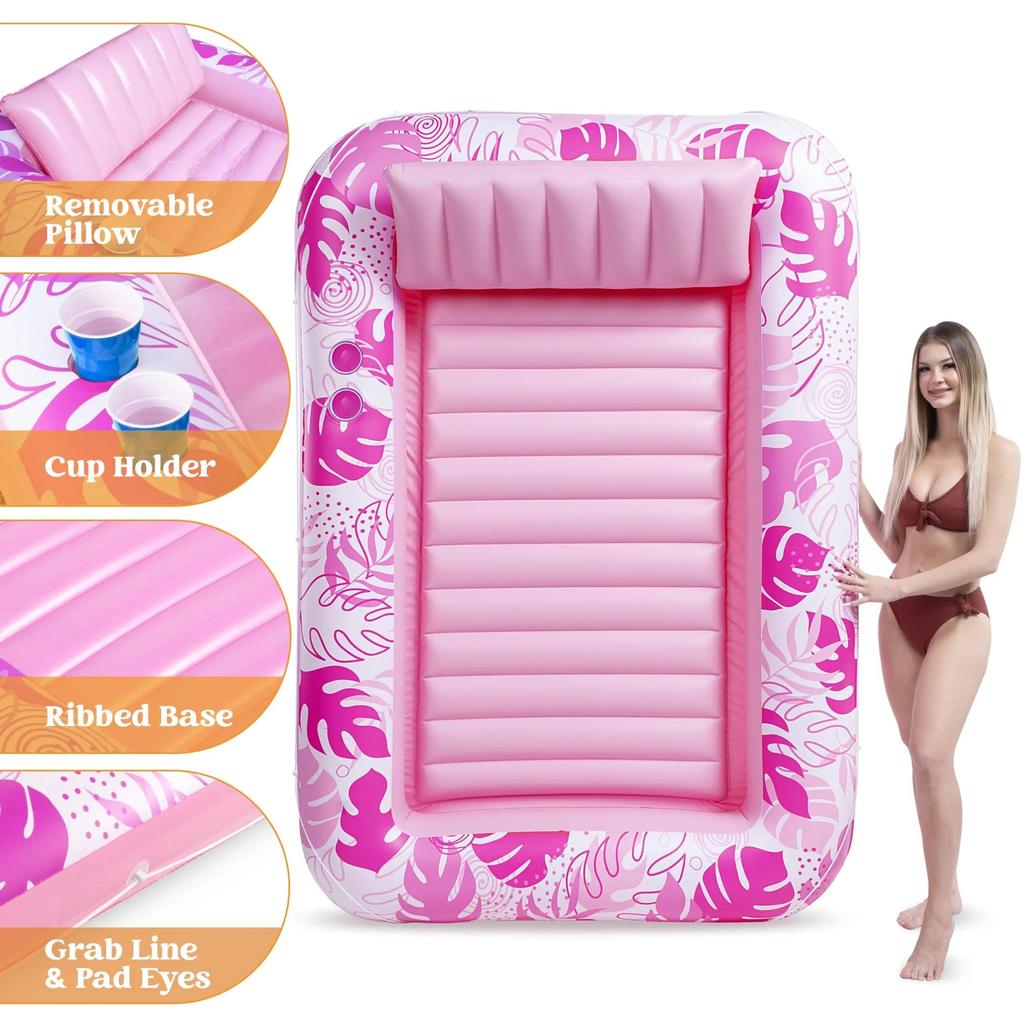 Sloosh-L/XL Inflatable Tanning Pool Lounge Float With Cup Holder, 70"X46"/85″ X 57″ More Large Sun Tan Tub Adult Pool Floats Raft Summervibes