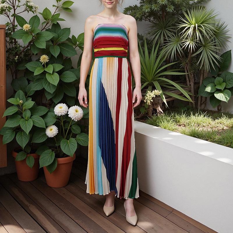 2026 Spring Women's Strapless Colorful Printed Evening Gown Dress - European and American Fashion