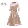 Women Prom Dress V Neck Back Zipper Bow Belt Tight Mid Waist Flower Embroidery A-line Loose Hem Long Sleeve Double Layers Elegant Party Banquet Midi