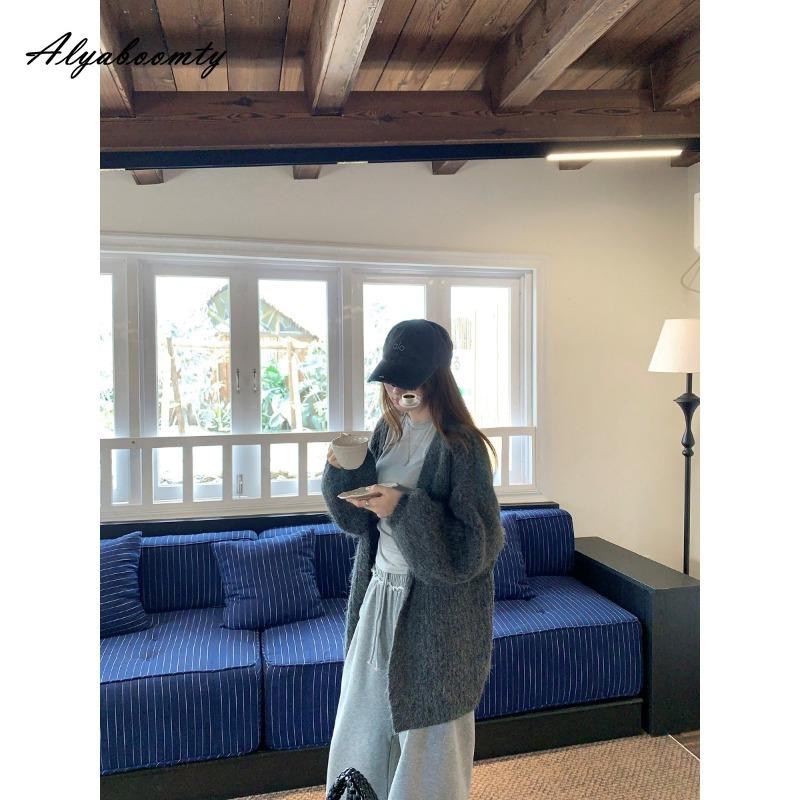Korean Fashion Autumn Winter Women Thick Sweater Green Beige Brown Grey Knitted Cardigan Lantern Sleeve Casual Loose Oversized Knitting Outerwear