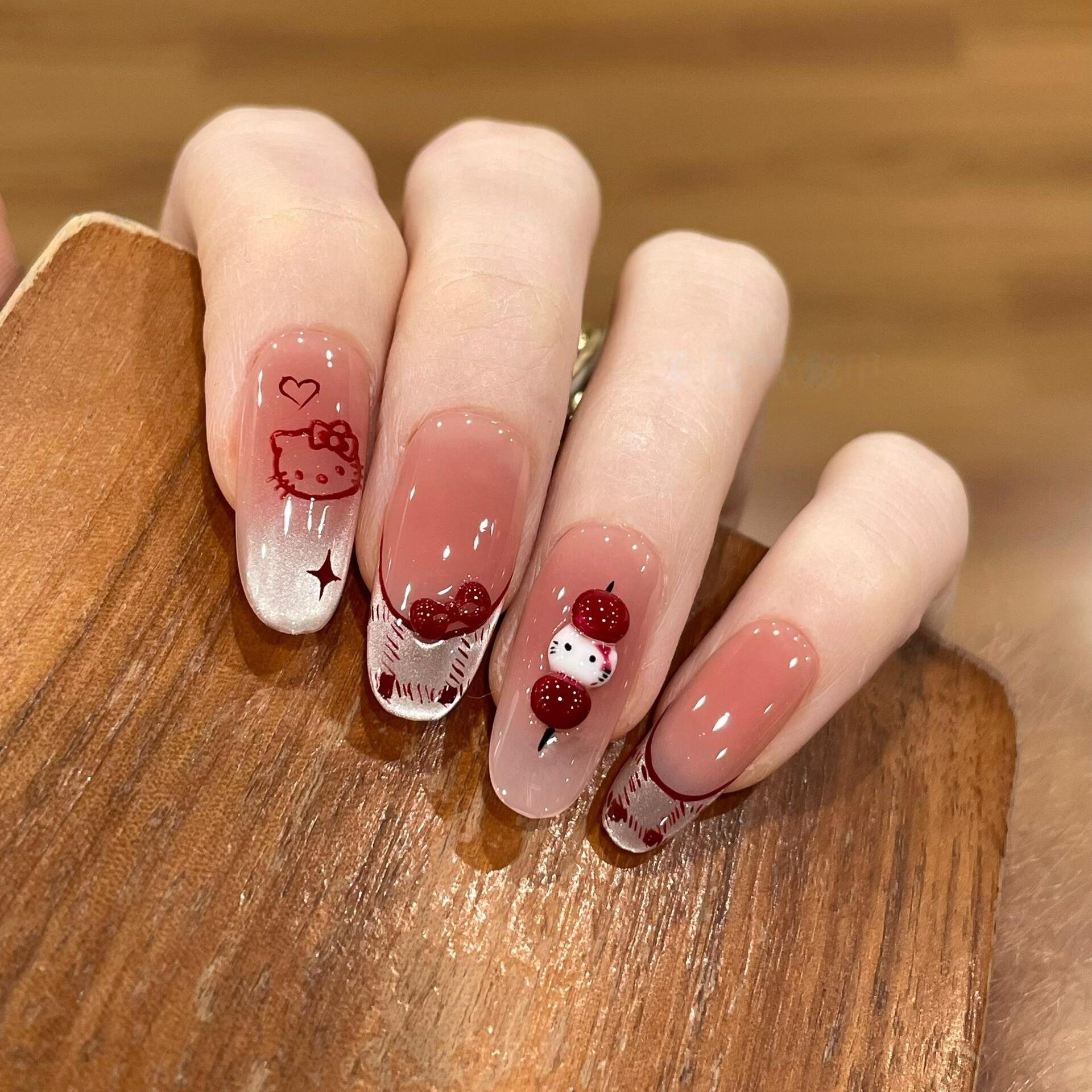 ins hand-painted k cat s eye pure handmade wearing nail long atmosphere white nail patch fake nail XS