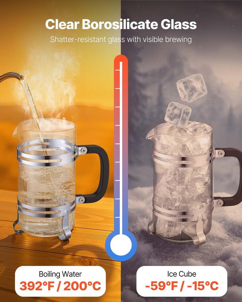 French Press Coffee Maker, 1 Liter Borosilicate Glass Coffee Press Tea Maker with Stainless Steel Filter, Large Glass French Presses Cold Brew for