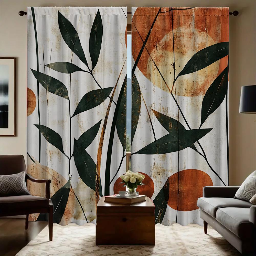 2PC Home Nostalgic geometric leaves Curtains With Landscape Background And Pole Pocket Curtains, Kitchen, Coffee Shop