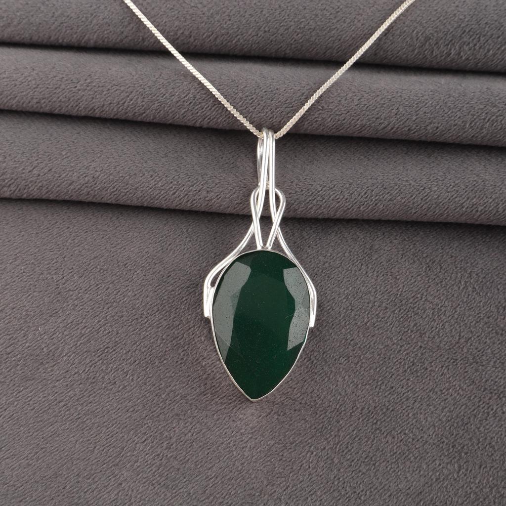 Green Onyx Cab Gemstone 925 Sterling Silver Handmade Pear-Cut Pendant 2.7" Gift For Wife VPP-2-16