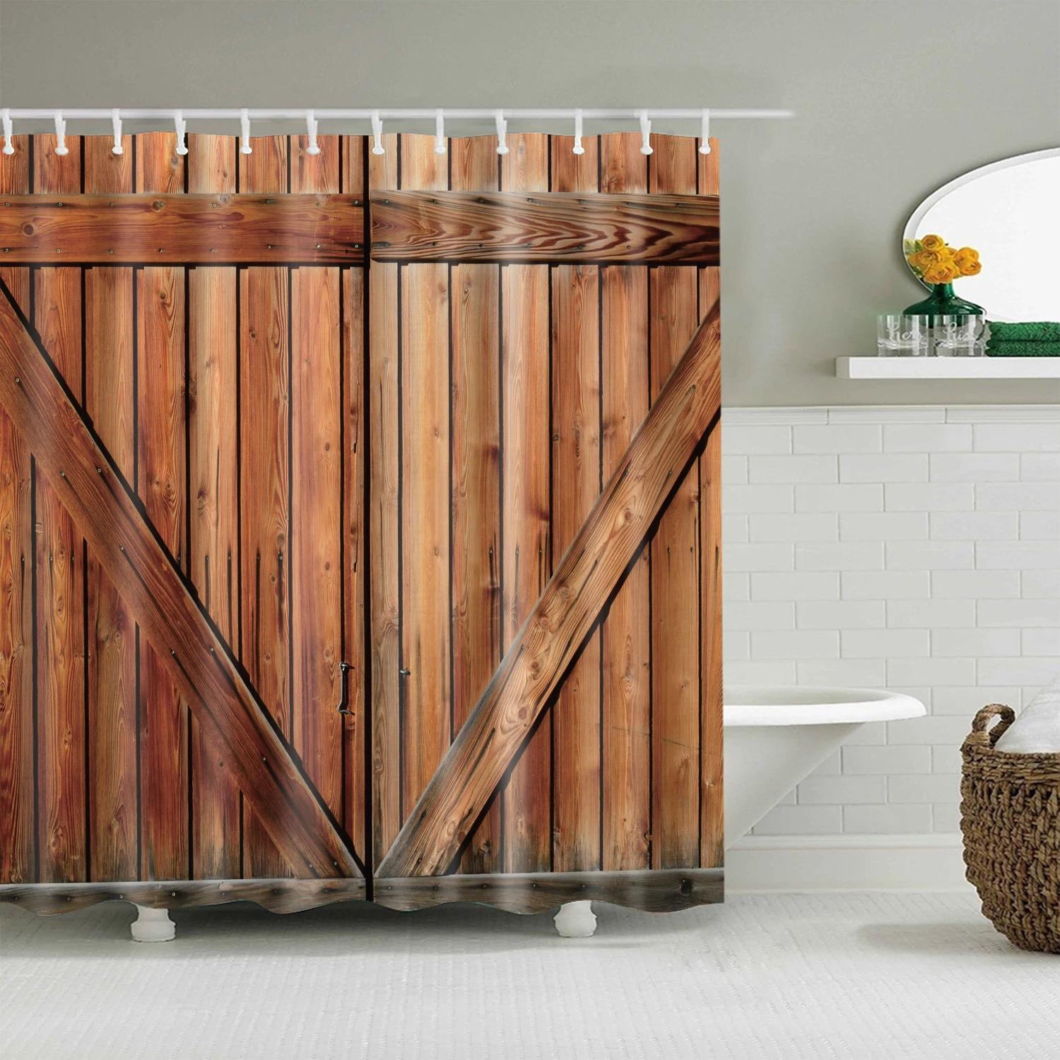 Classical Wooden Door Subway Platform Shower Curtain Waterproof Polyester Bathroom Curtain with Hooks 90*180cm