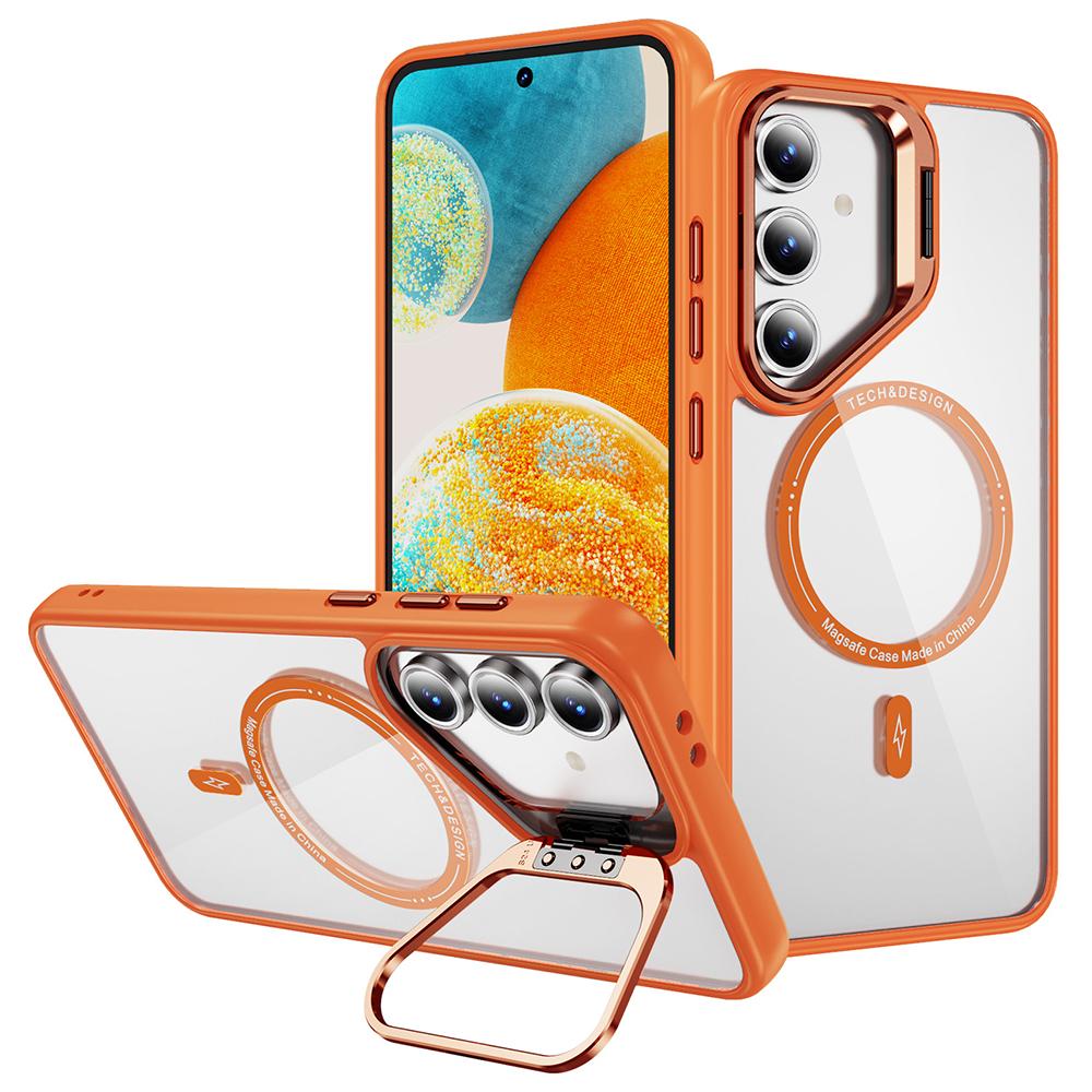 

Чехол для Samsung Galaxy S24 FE с подставкой, прозрачная задняя крышка телефона, совместимая с MagSafe Orange