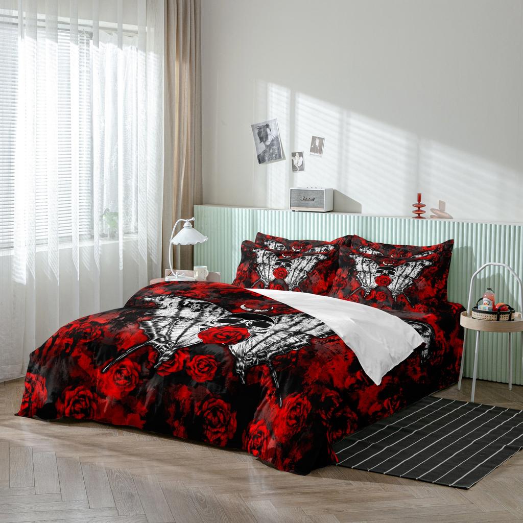 3Pcs Gothic Skull Butterfly Floral Print Duvet Cover Set, Red Rose Pattern Bedding For Bedroom Family Decor And Household