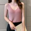 Dams sexiga enfärgade glänsande linne stickad V-ringning sommar smal passform väst