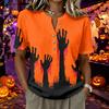 Women's Short Sleeve Henley Neck Shirt Cotton Linen Blend Casual Button Front Top Halloween Pumpkin Print