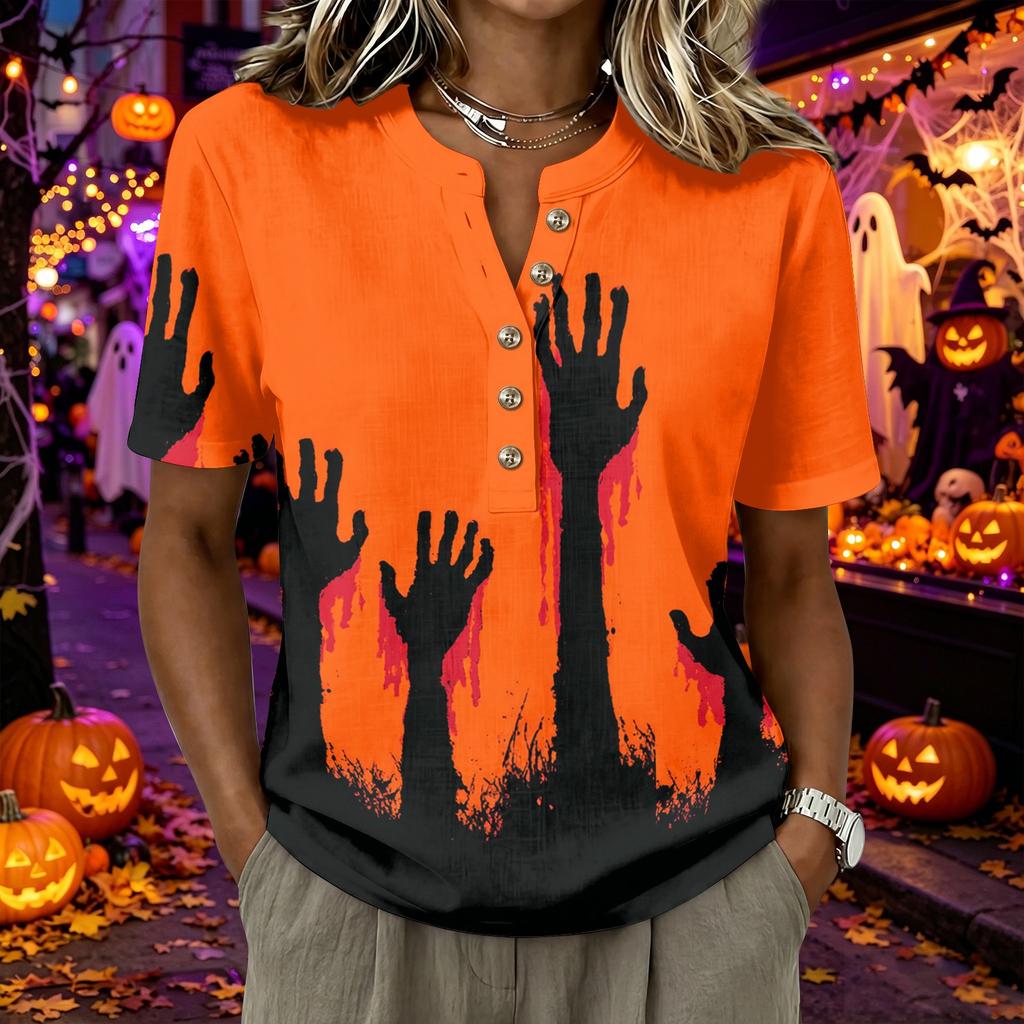 Women's Short Sleeve Henley Neck Shirt Cotton Linen Blend Casual Button Front Top Halloween Pumpkin Print