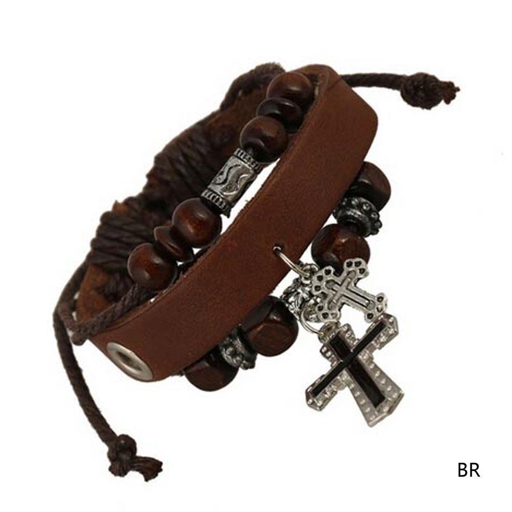 Fashion Jewelry Handmade Double Cross Pendant Beaded Leather Bracelets Adjustable Multilayer Braided